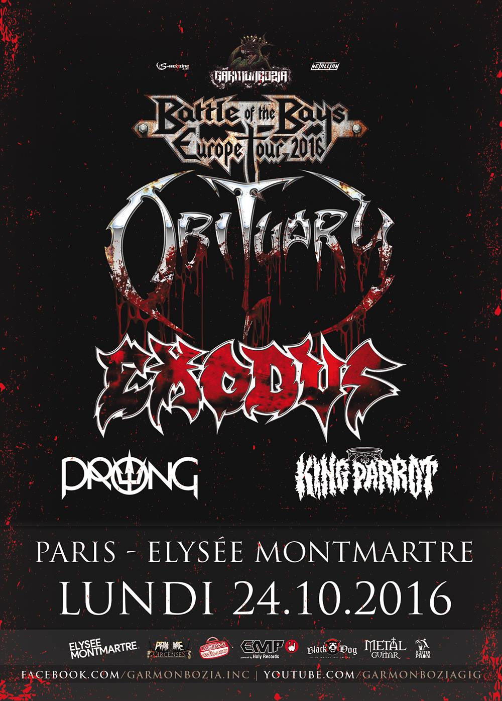 Obituary + Exodus + Prong @ Elysée Montmartre (Paris), le 24 Octobre 2016